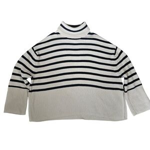 GAP Blue/Cream Split-Hem Stripe Turtleneck Sweater Lg Coastal Preppy Sailor Chic